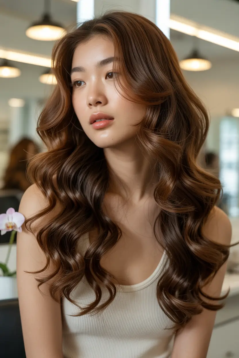 Fall long haircut Layered Chocolate Waves with Face-Framing Shape
