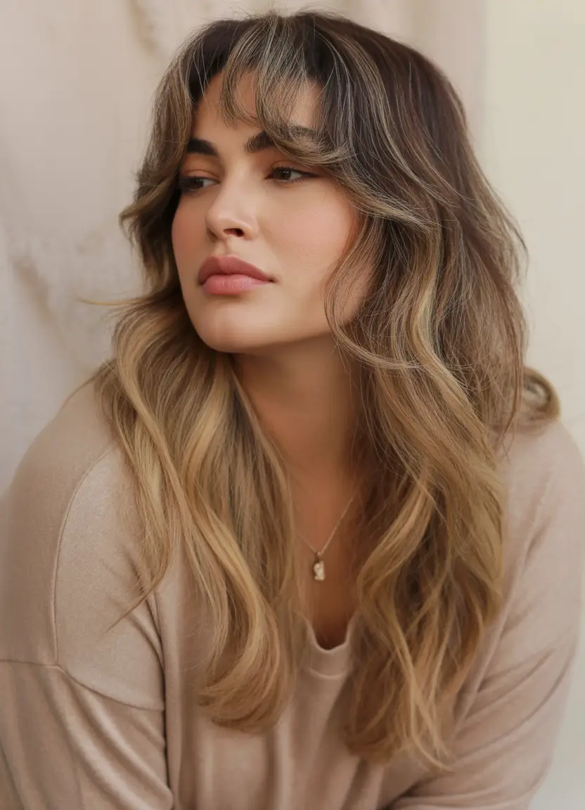 Fall long haircut Shag-Inspired Honey Layers with Breezy Curtain Bangs