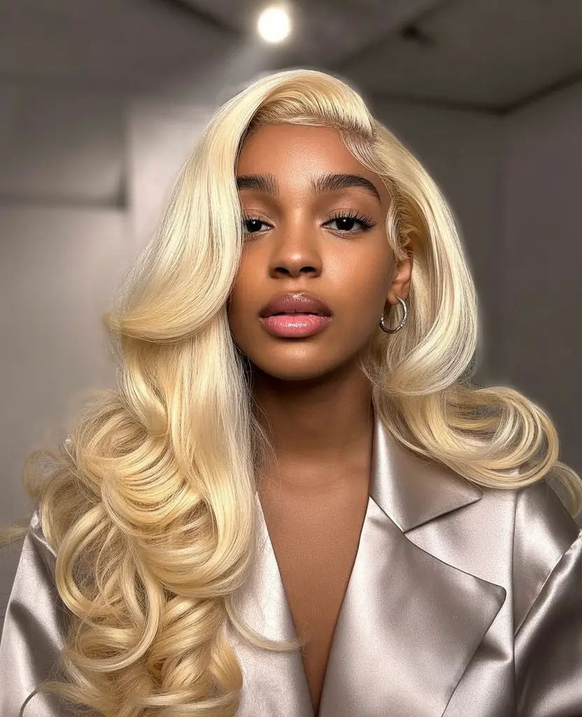 Fall long haircut Voluminous Champagne Blonde with Old-Hollywood Curls