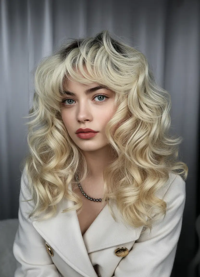 Fall long haircut Platinum Barrel Curls with Bottleneck Bangs