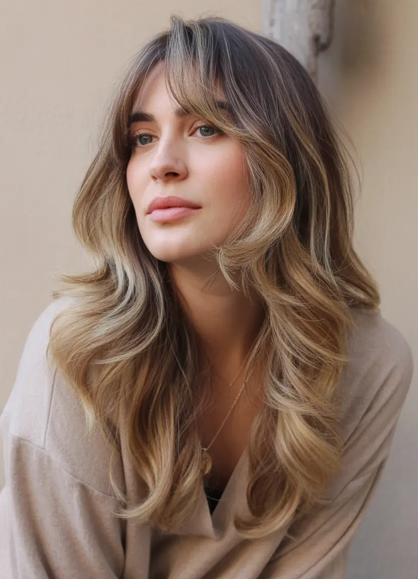 Fall long haircut Dimensional Ash Bronde with Bottleneck Bangs