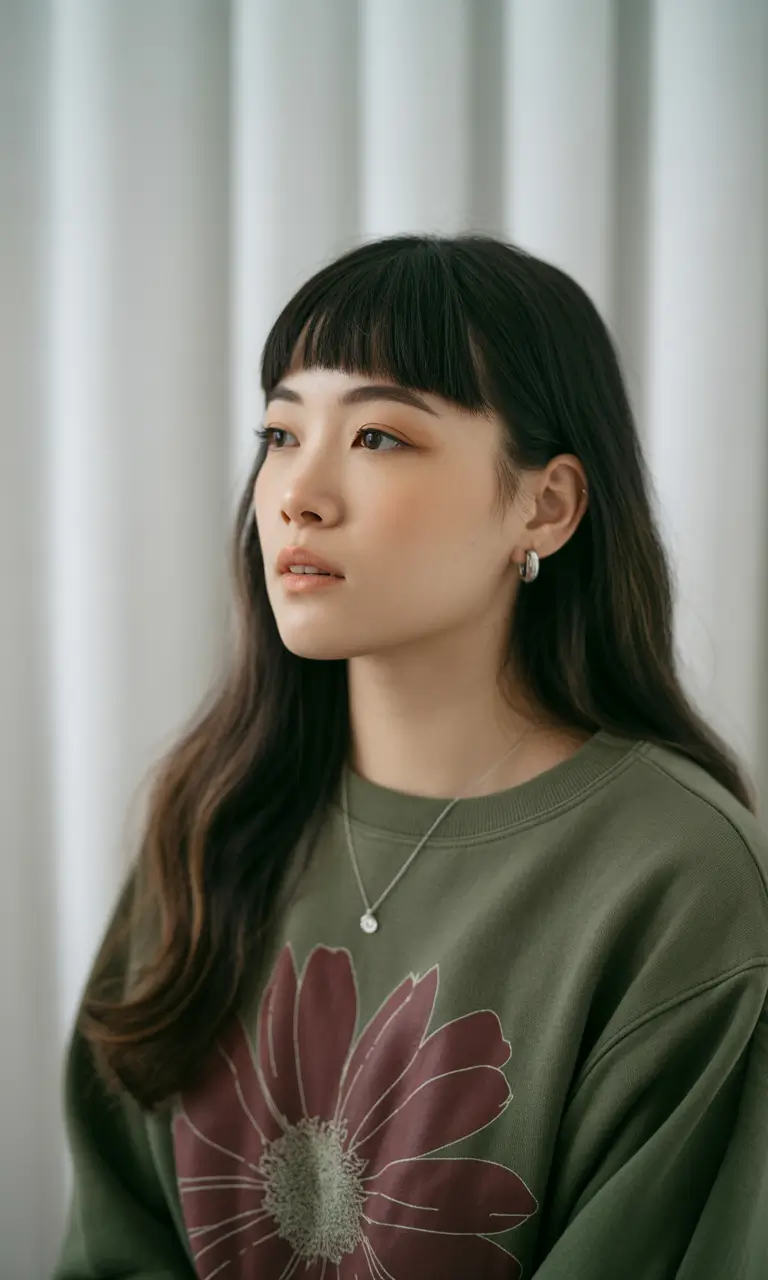 Fall long haircut Glossy Long Layers with Blunt Baby Bangs