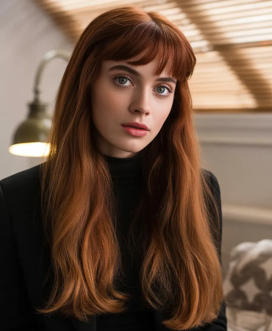 Fall long haircut Copper Cinnamon with French Fringe