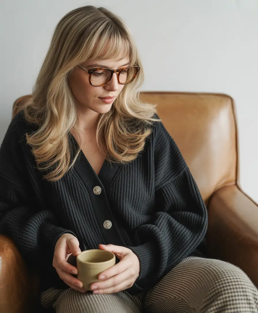 Fall long haircut Cozy Mid-Length Blonde with Baby Bangs