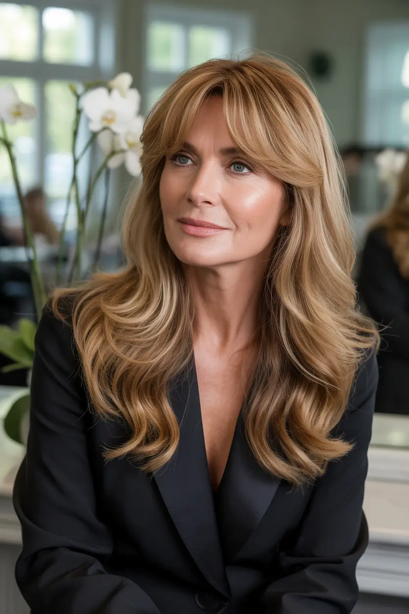 Fall haircuts for women over 50 Face-Framing Waves with Curtain Bangs