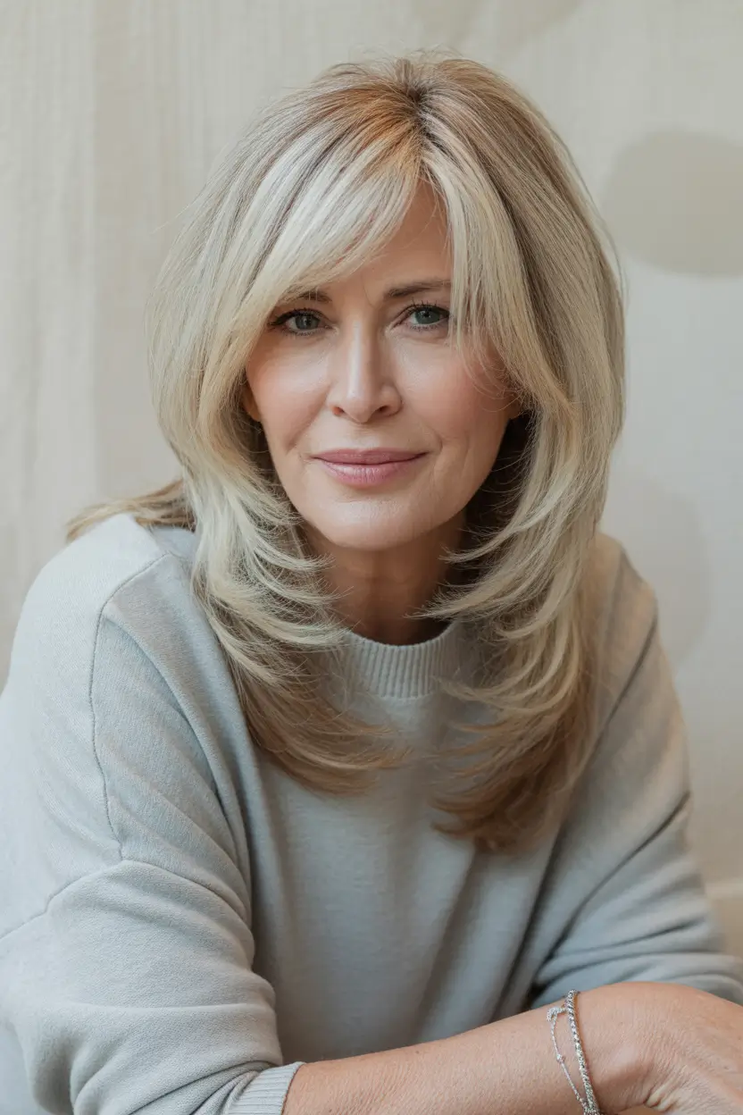 Fall haircuts for women over 50 Feathered Layers with Curtain Bangs