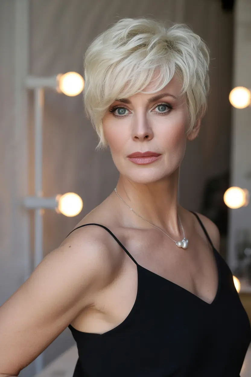 Fall haircuts for women over 50 Playful Platinum with Sweeping Bangs