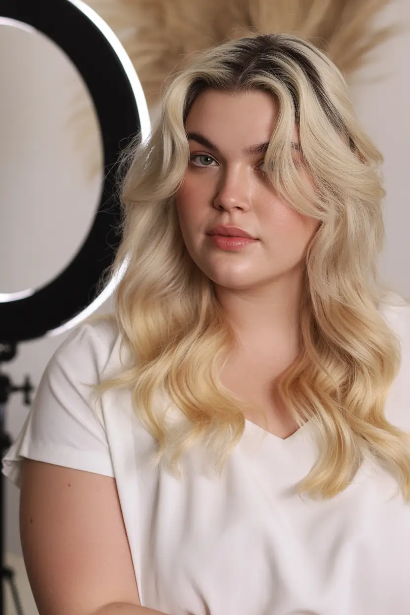 Fall haircuts for plus size women Long Blonde Waves with Soft Shaggy Bangs