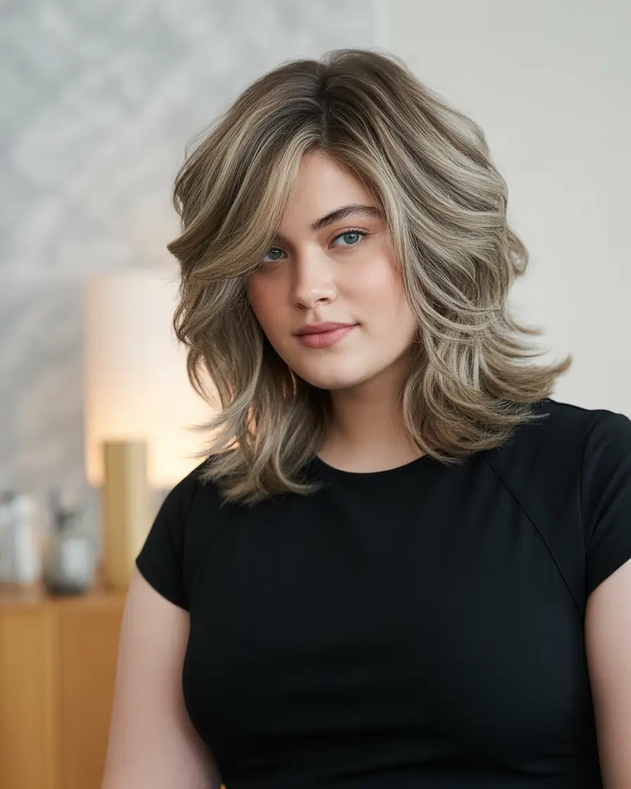 Fall haircuts for plus size women Mid-Length Feathered Layers with Ashy Highlights