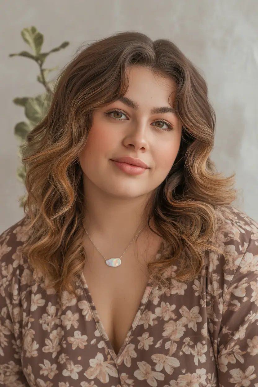 Fall haircuts for plus size women Romantic Mid-Length Waves with Golden Highlights