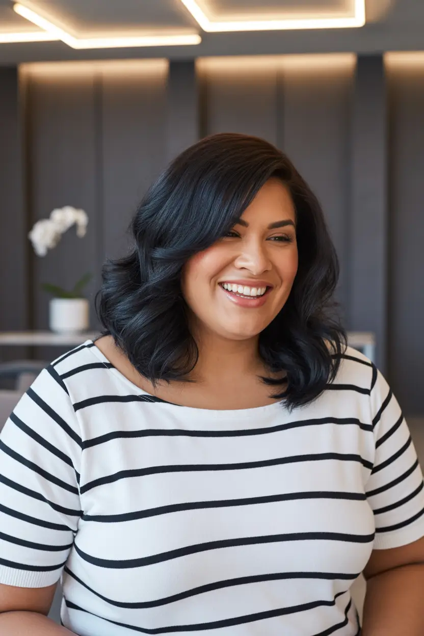 Fall haircuts for plus size women Shiny Black Layers with Face-Framing Volume