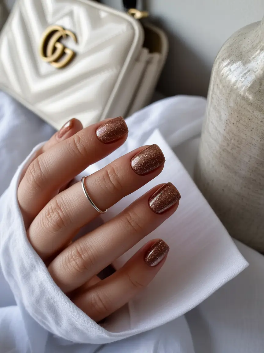 Fall 2025 Nail Colors Ideas for Women Over 60 - Shimmery Bronze for Autumn Nights Out