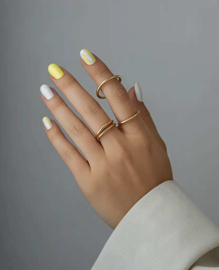 Fall 2025 Nail Colors Ideas for Women Over 60 - Yellow Meets White: A Crisp, Modern Twist