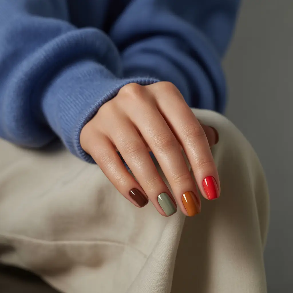 Fall 2025 Nail Colors Ideas for Women Over 60 - Fall Color Blocking: The Multi-Shade Mix