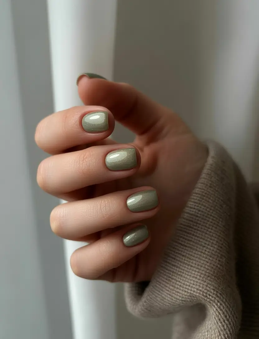 Fall 2025 short nail trends Earthy Khaki With a Soft Shine