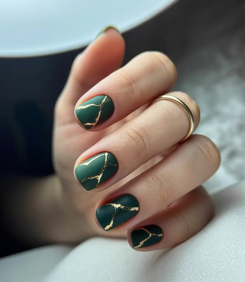 Fall 2025 short nail trends Emerald Green With Gold Veins