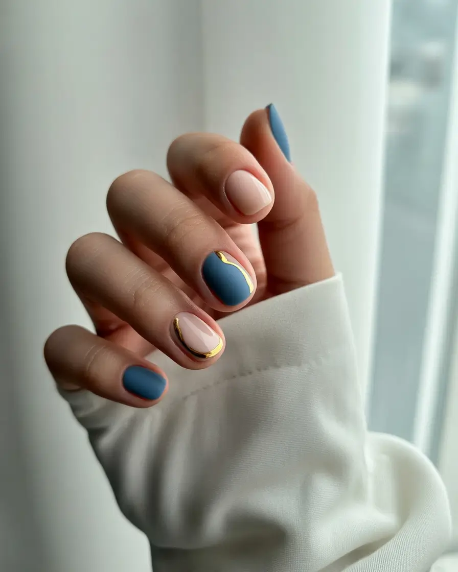 Fall 2025 short nail trends Dusty Blue and Cream With Gold Accents