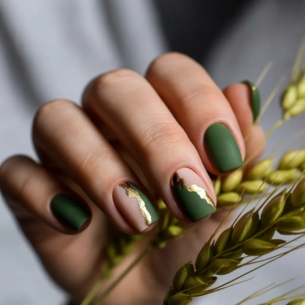 Fall 2025 short nail trends Matte Olive and Gold Edge Detail