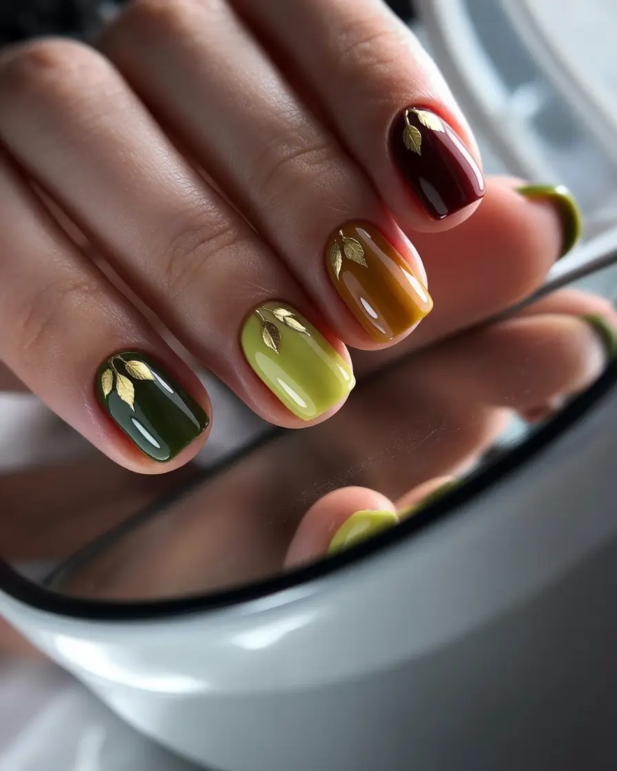 Fall 2025 short nail trends Multicolor Autumn Leaves Gradient
