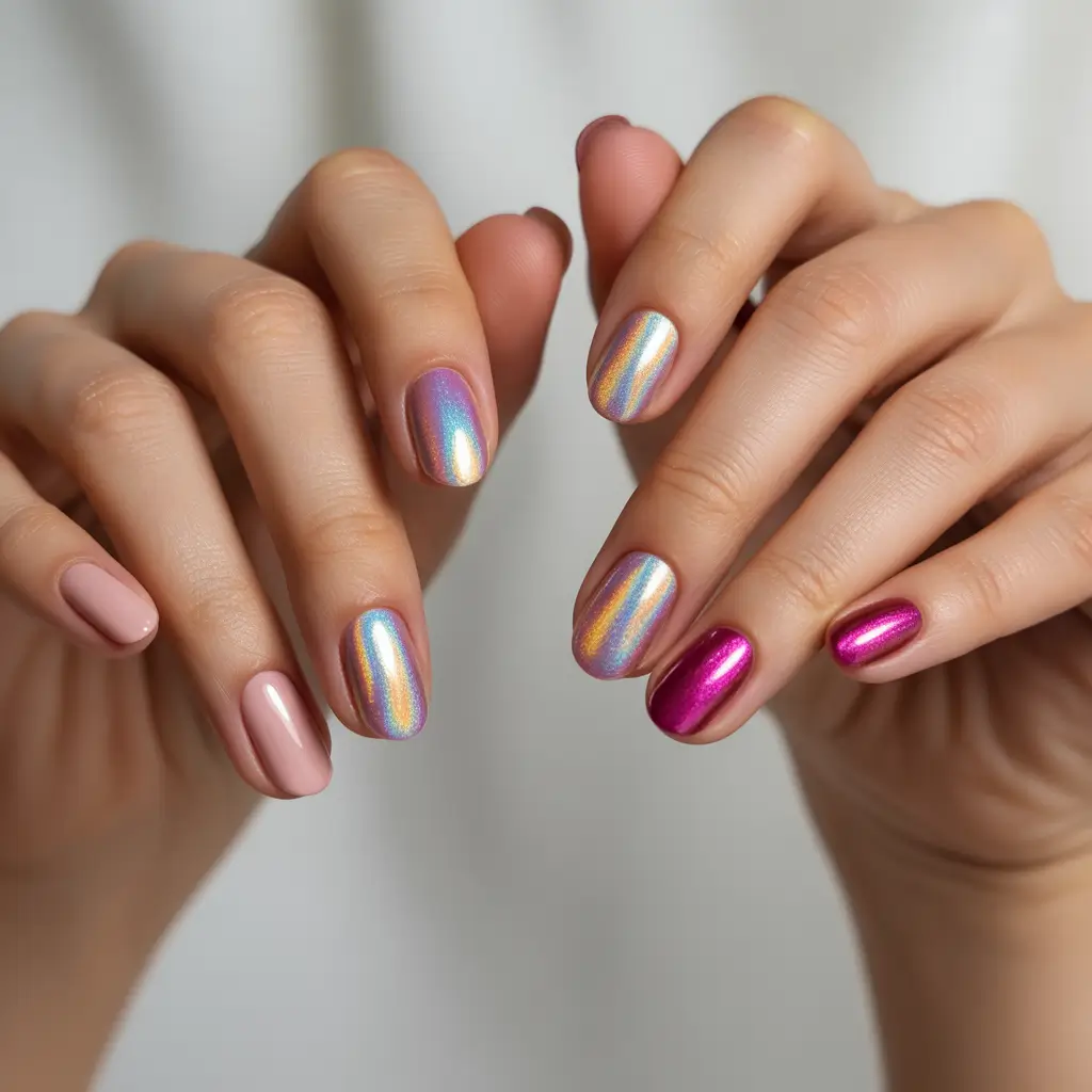 Fall 2025 short nail trends Holographic Flash Meets Rose-Toned Glam
