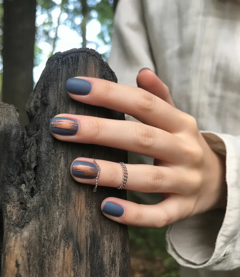 Fall 2025 short nail trends Muted Blue Slate With Copper Strokes