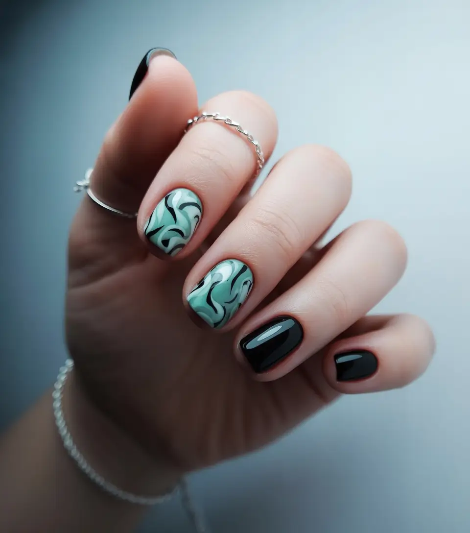 2025-green-nails-fall-swirl-design-short