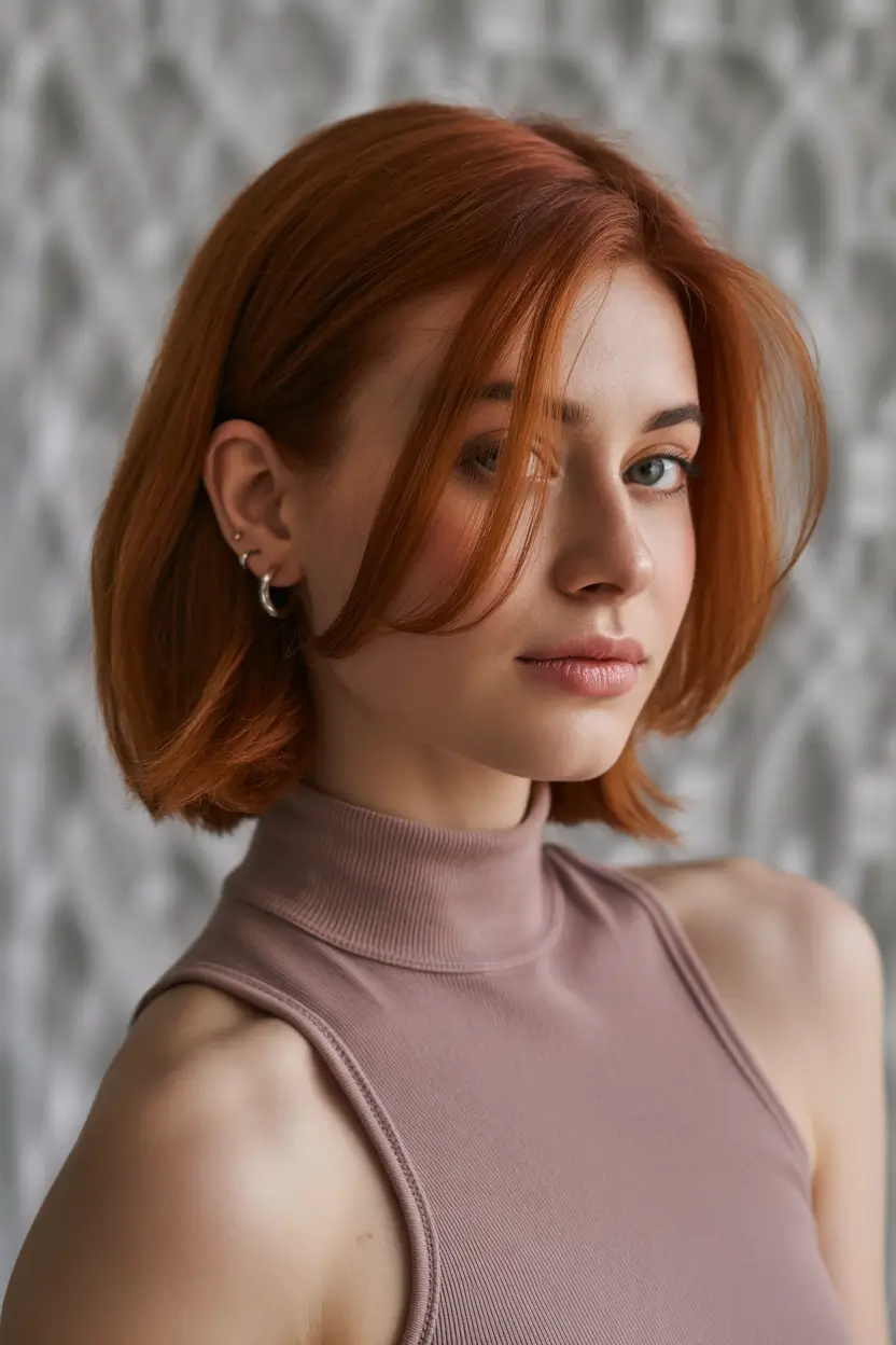 Fall bob haircut Warm Copper Straight Bob with Side Fringe