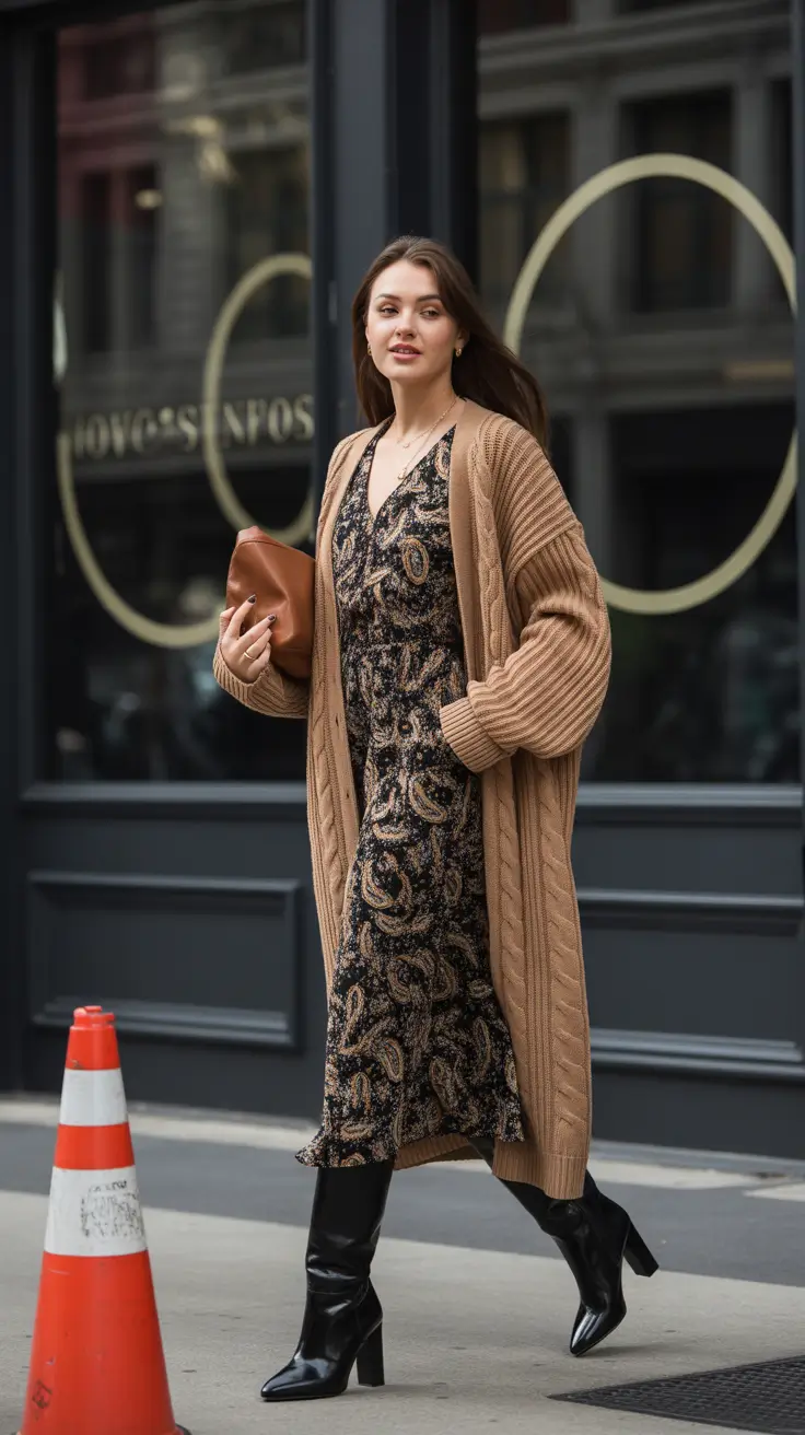 fall fashion outfits Boho Luxe: The Cardigan-Dress Combo