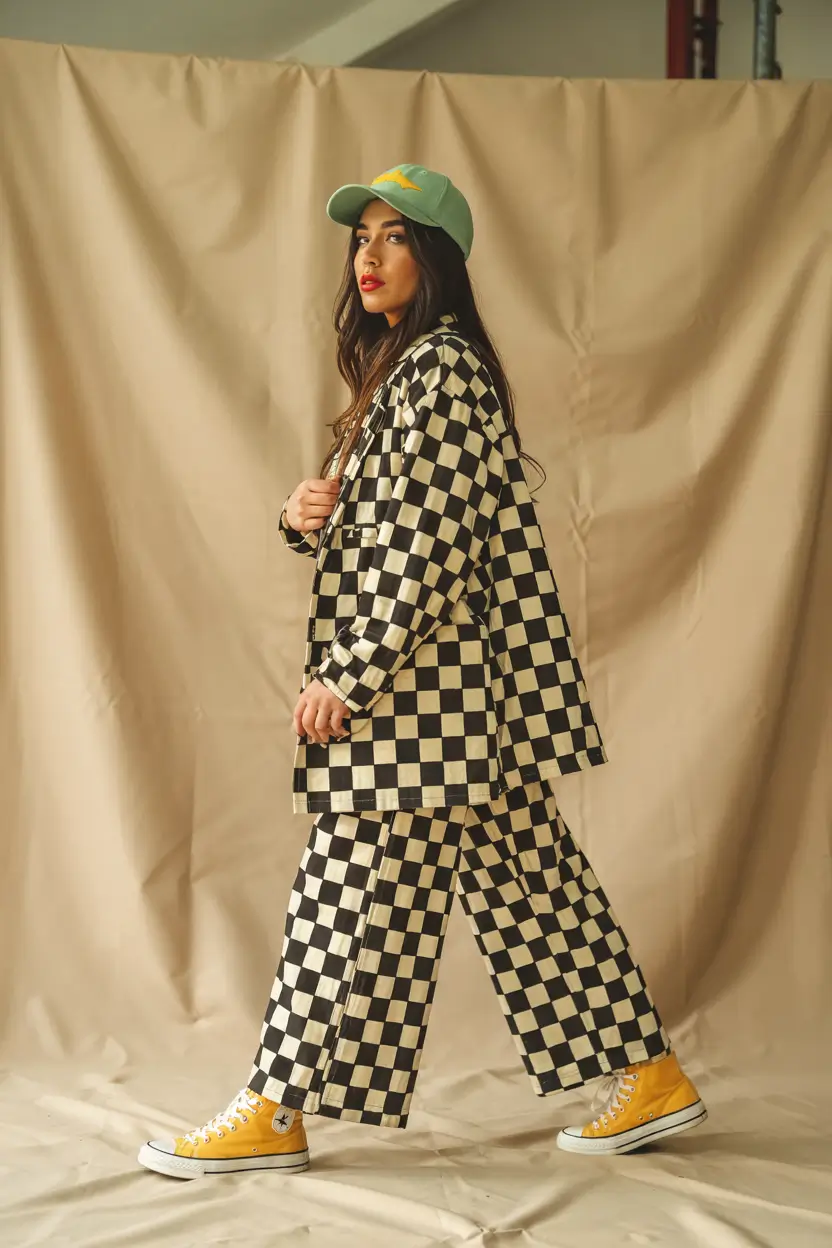 fall fashion trends for women 2025 Checkerboard Clash & Yellow Pop