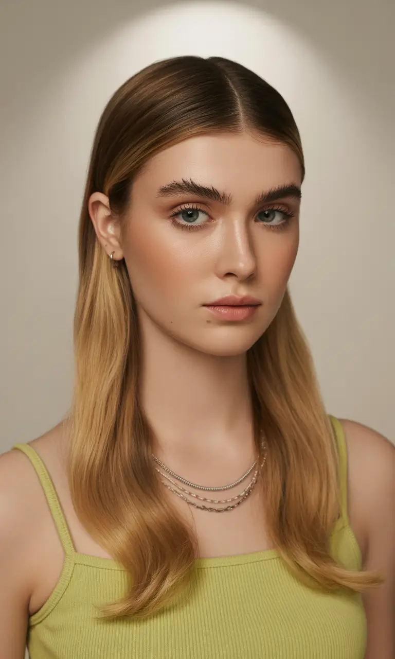 Fall hair color ideas 2025 - Center-Part Sleek with Soft Caramel Dipped Ends