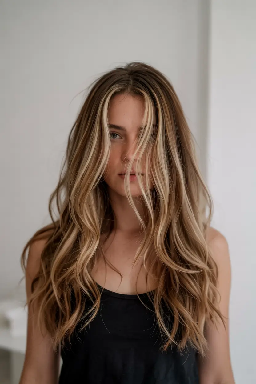 Fall hair color Soft Bronde with High-Contrast Money Piece