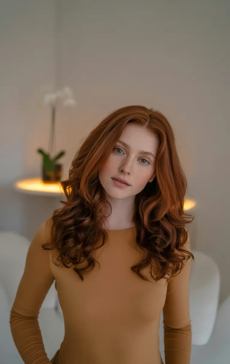 Fall hair color ideas 2025 - Glossy Auburn Spirals with Retro Romance