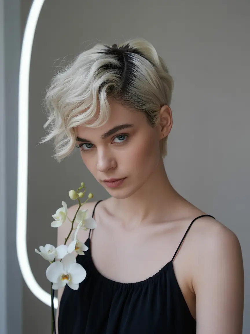 fall pixie haircut Retro Sculpted Waves with Root Contrast