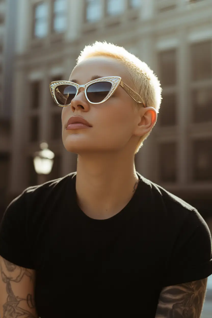 Fall pixie haircut The Platinum Buzz with Attitude