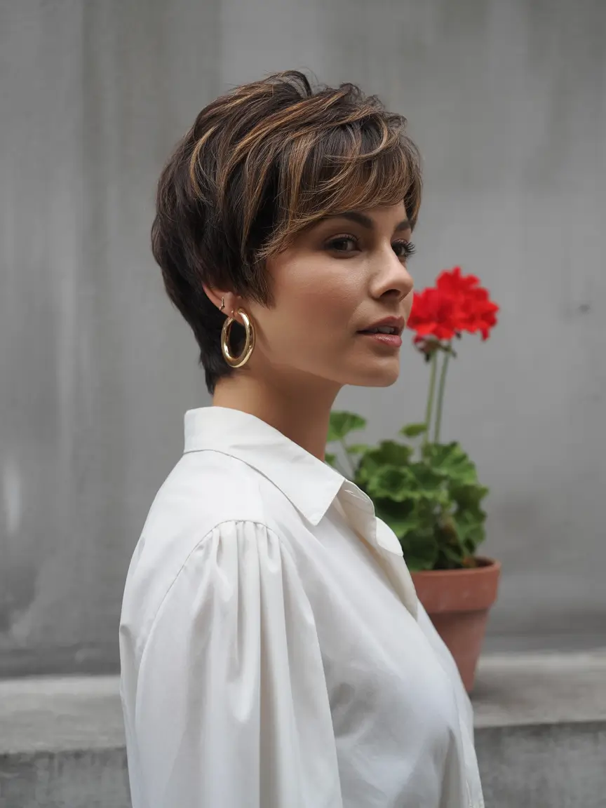 Fall pixie haircut Rich Brunette Layers with Caramel Contrast