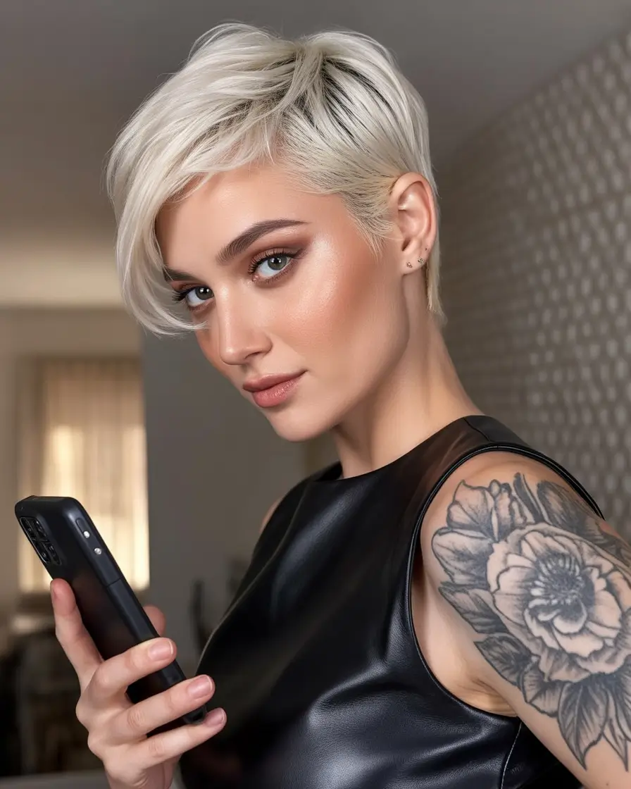 Fall pixie haircut Frosted Platinum with Side Drama