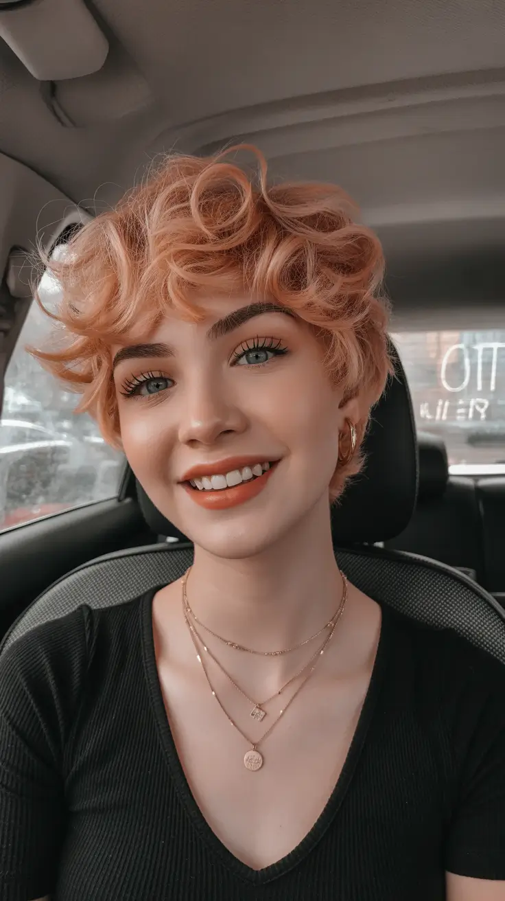 Fall pixie haircut Peach-Toned Spiral Pixie