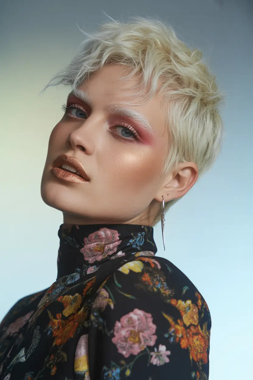 fall pixie haircut Frosted Platinum Curls with a Floral Contrast