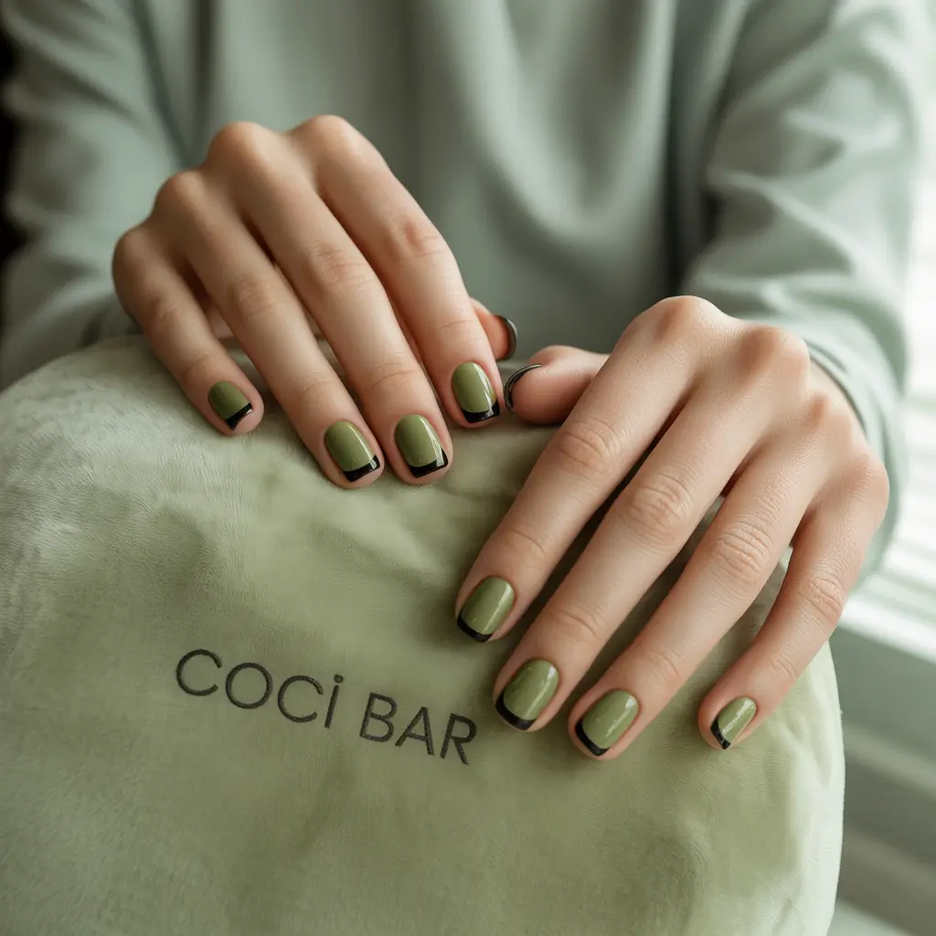fall nail color ideas for women over 50 Olive Chic with a Jet-Black Twist