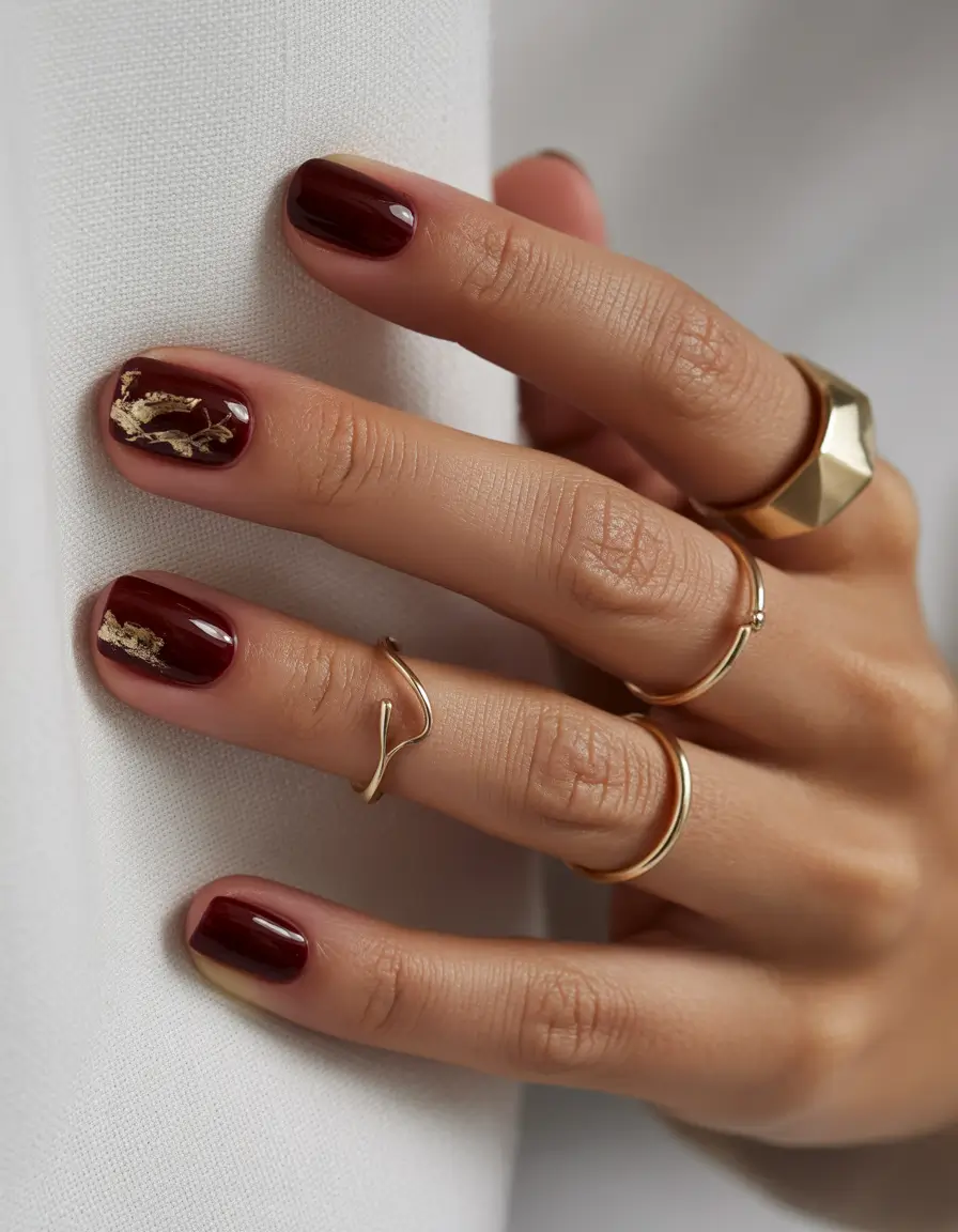 fall nail color ideas for women over 50 Wine & Gold Luxe Shorties