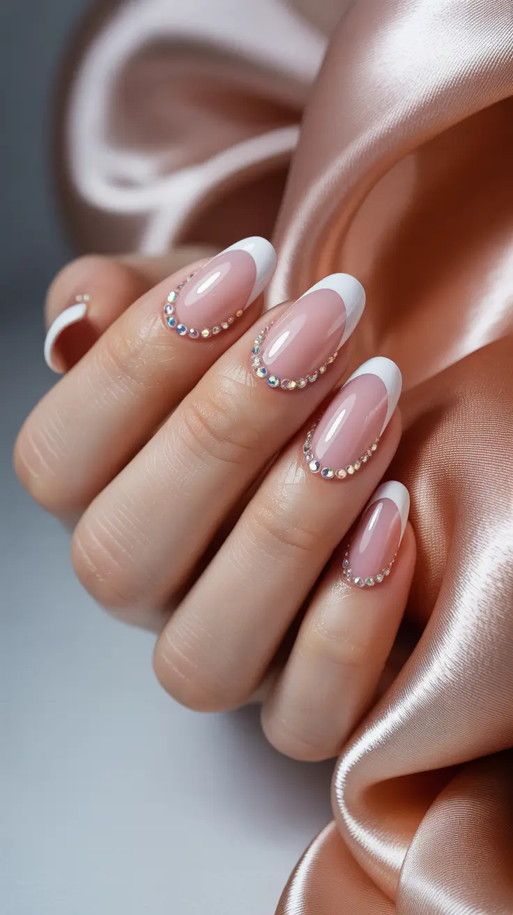 Fall Nail Color Ideas for Women Over 50 - Modern French with Crystal Detailing