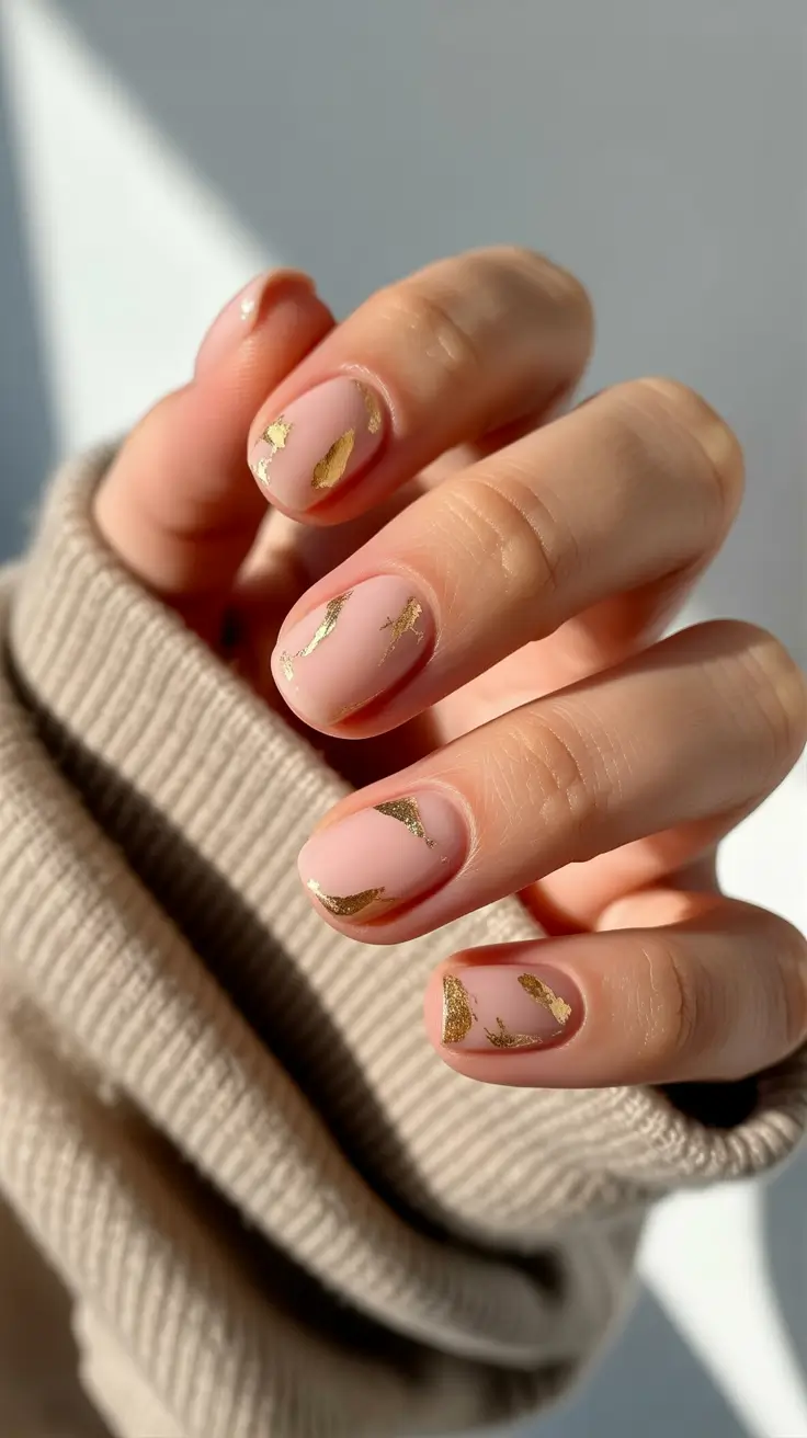 Fall Nail Color Ideas for Women Over 50 - Artful Gold Leaf on Rose Blush