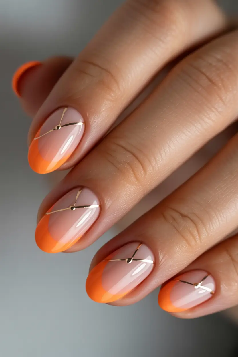 Fall nail colors 2025 – Golden Lines & Tangerine Tips