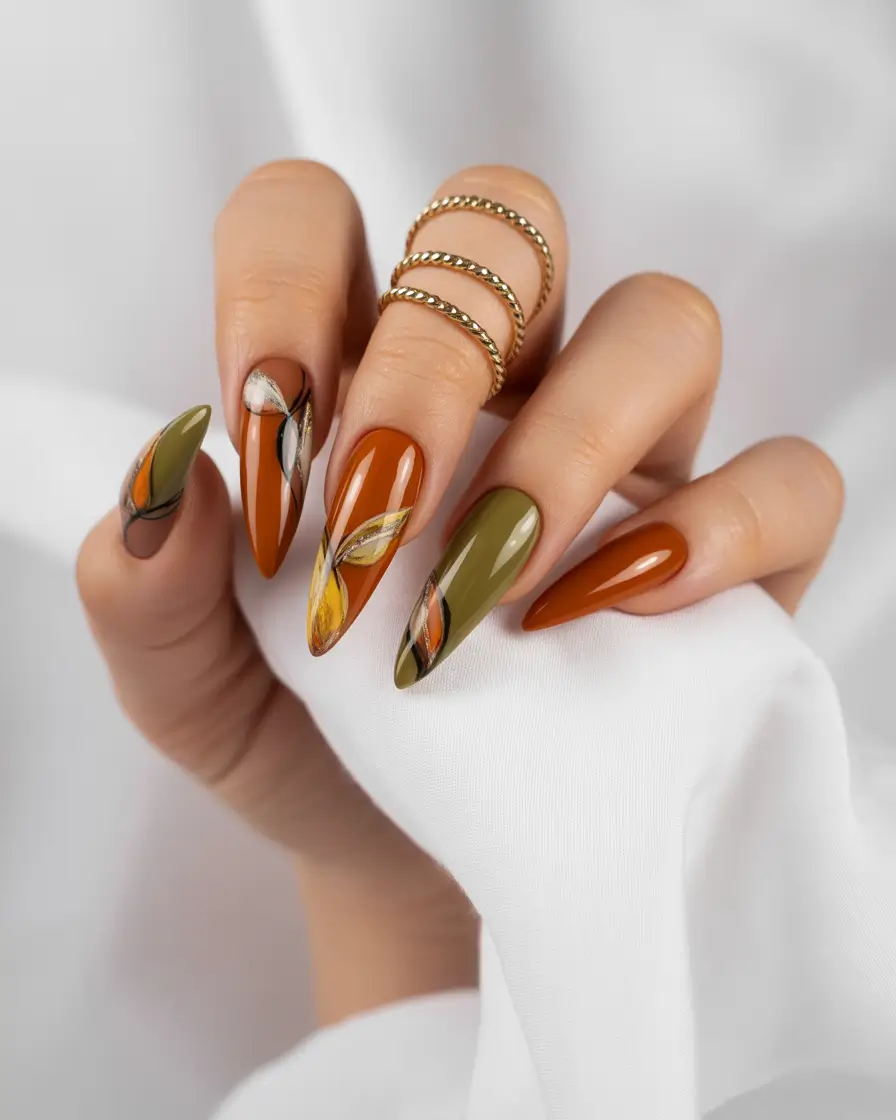 fall-nail-colors-2025-trendy-shades-to-try+Botanical-Burnt-Tones-With-a-Painterly-Touch
