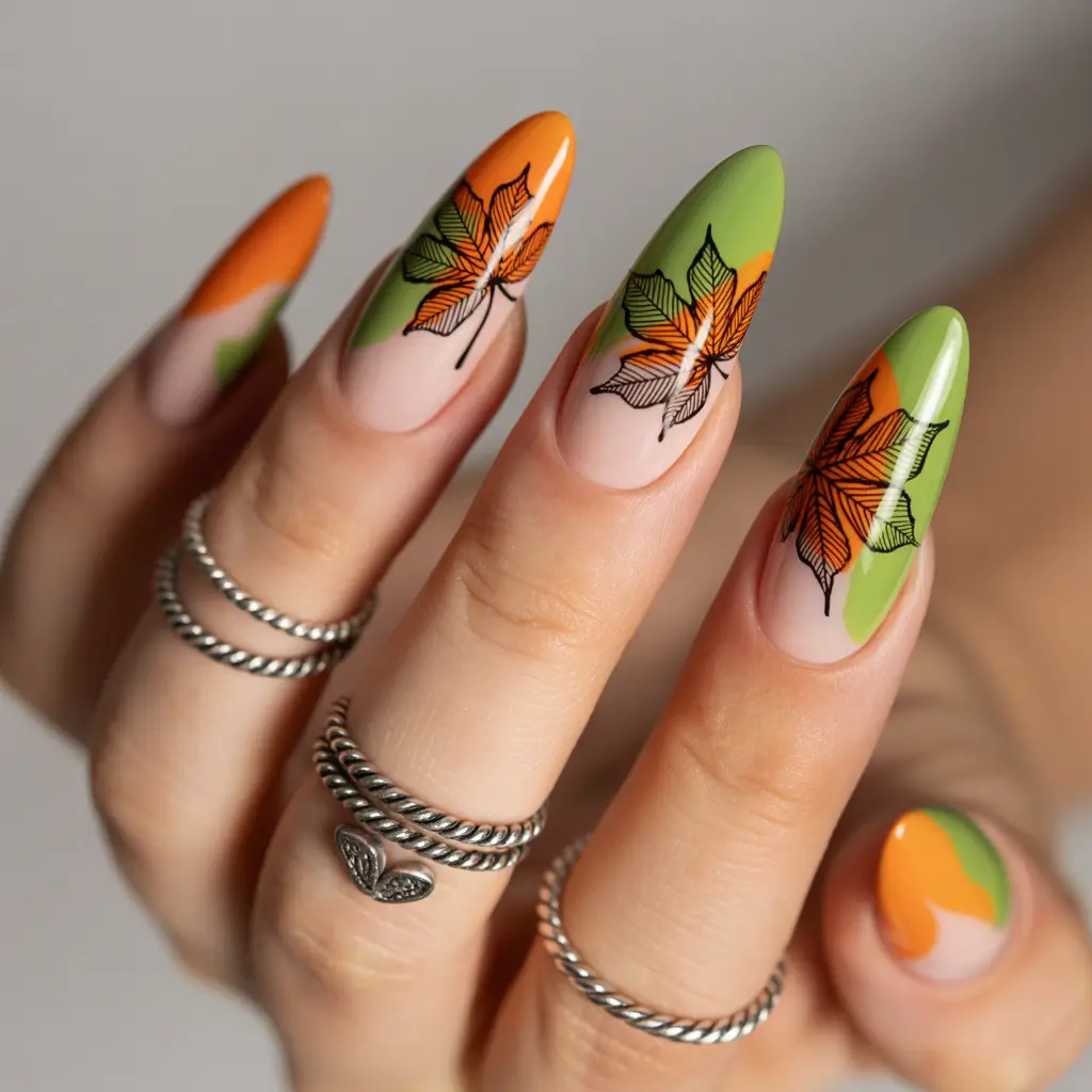 fall-nail-colors-2025-trendy-shades-to-try+Playful-Autumn-Leaves-With-a-Pop-Art-Spin