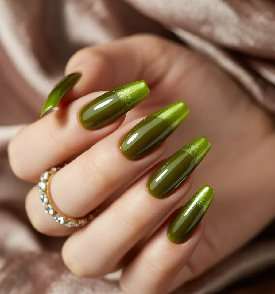 Fall nail colors 2025 – Chrome Olive Luxe