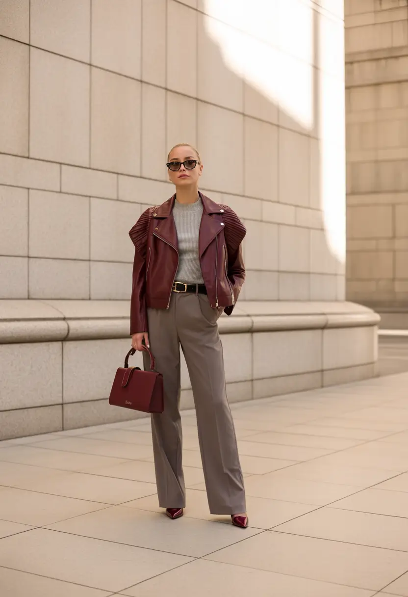 fall office outfits for women Garnet Leather Meets Tailored Neutrals