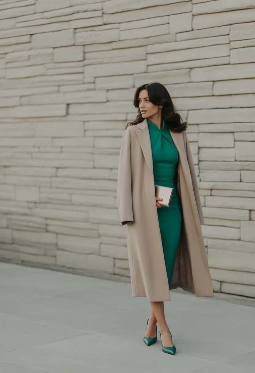 fall office outfits for women Green Statement Dress with Camel Outerwear