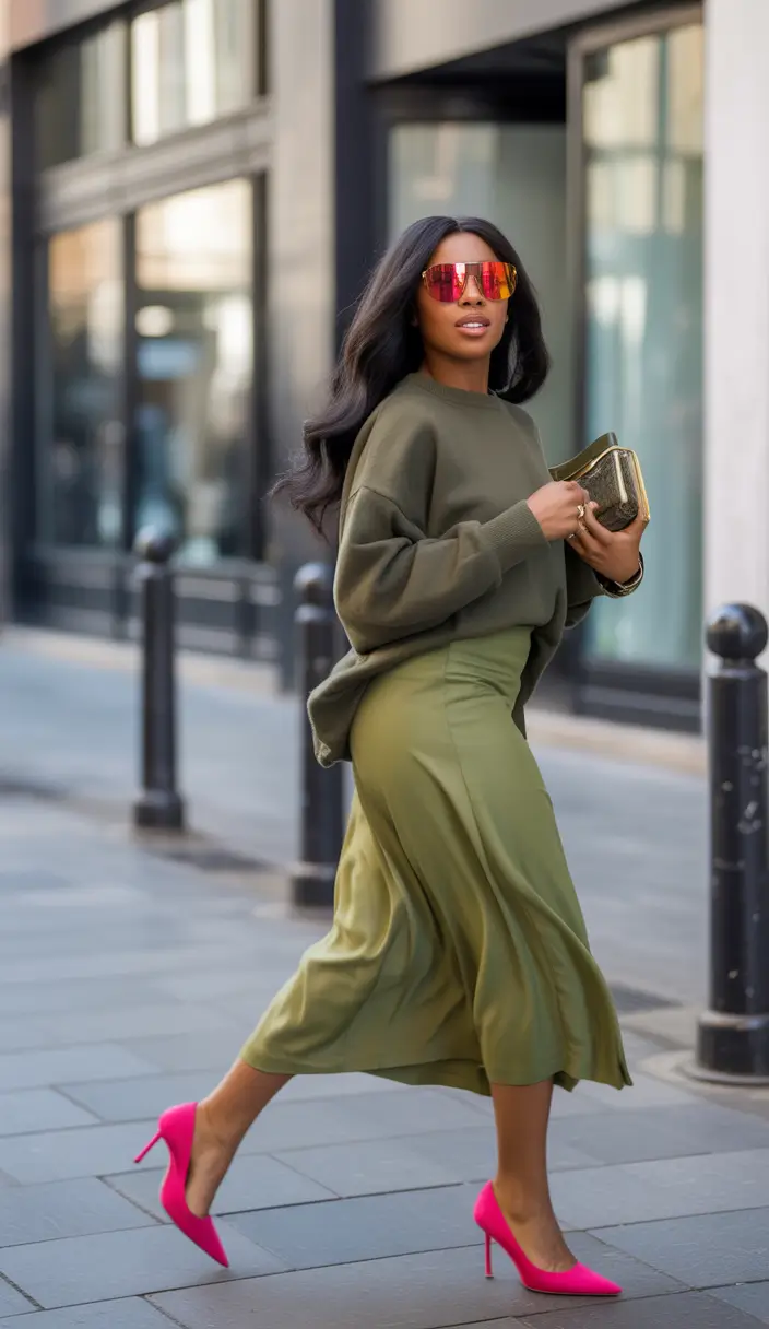 fall outfits for black women Cool Contrast With Olive and Fuchsia