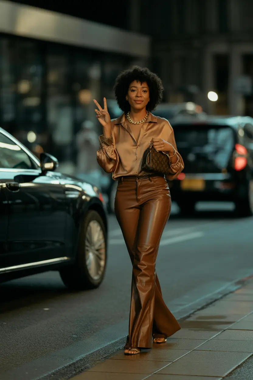 fall outfits for black women Golden Hour Glam in Satin and Leather